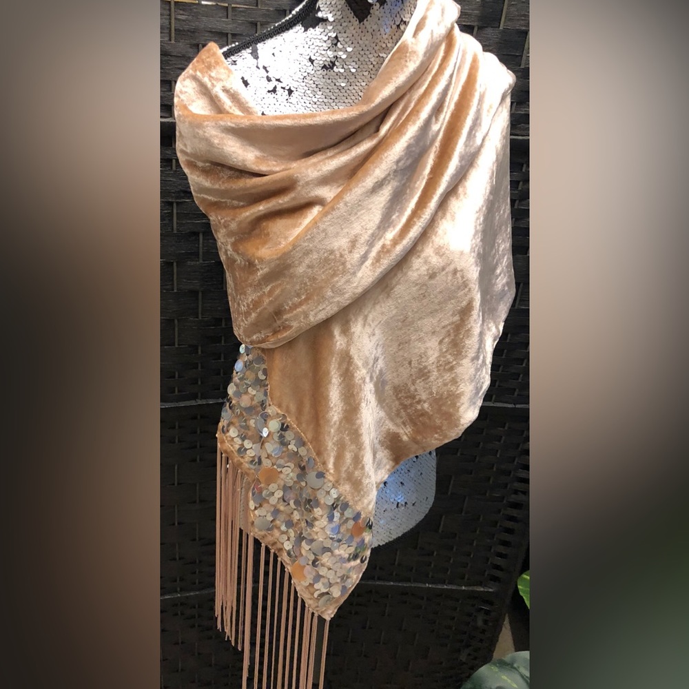 Bohemian Style Champagne/Rose Gold Velvet with Sequins & Long Tassels Scarf/Wrap